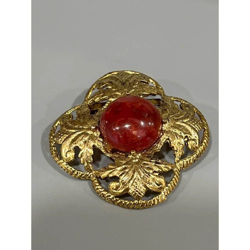 Vintage Leaf Pin Brooch  with Red‎ Cabochon